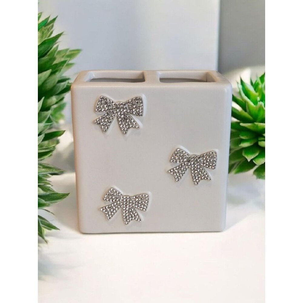 New Silver & White Bling Bow Tie Bathroom Polyresin Tooth Brush Holder Storage